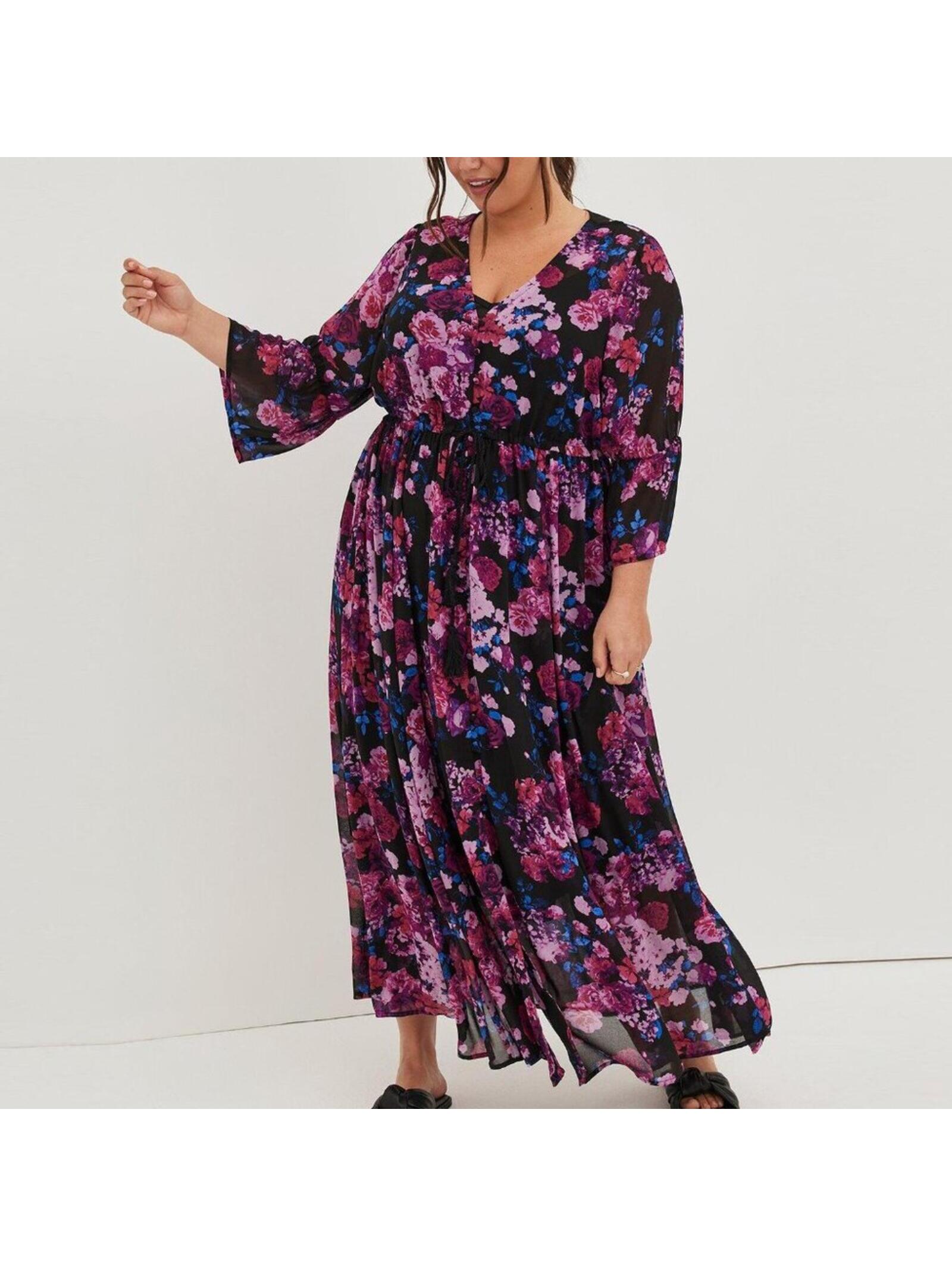 Torrid Maxi Dress 0 Large 12 Pink Purple Blue Floral Chiffon & Black Slip New